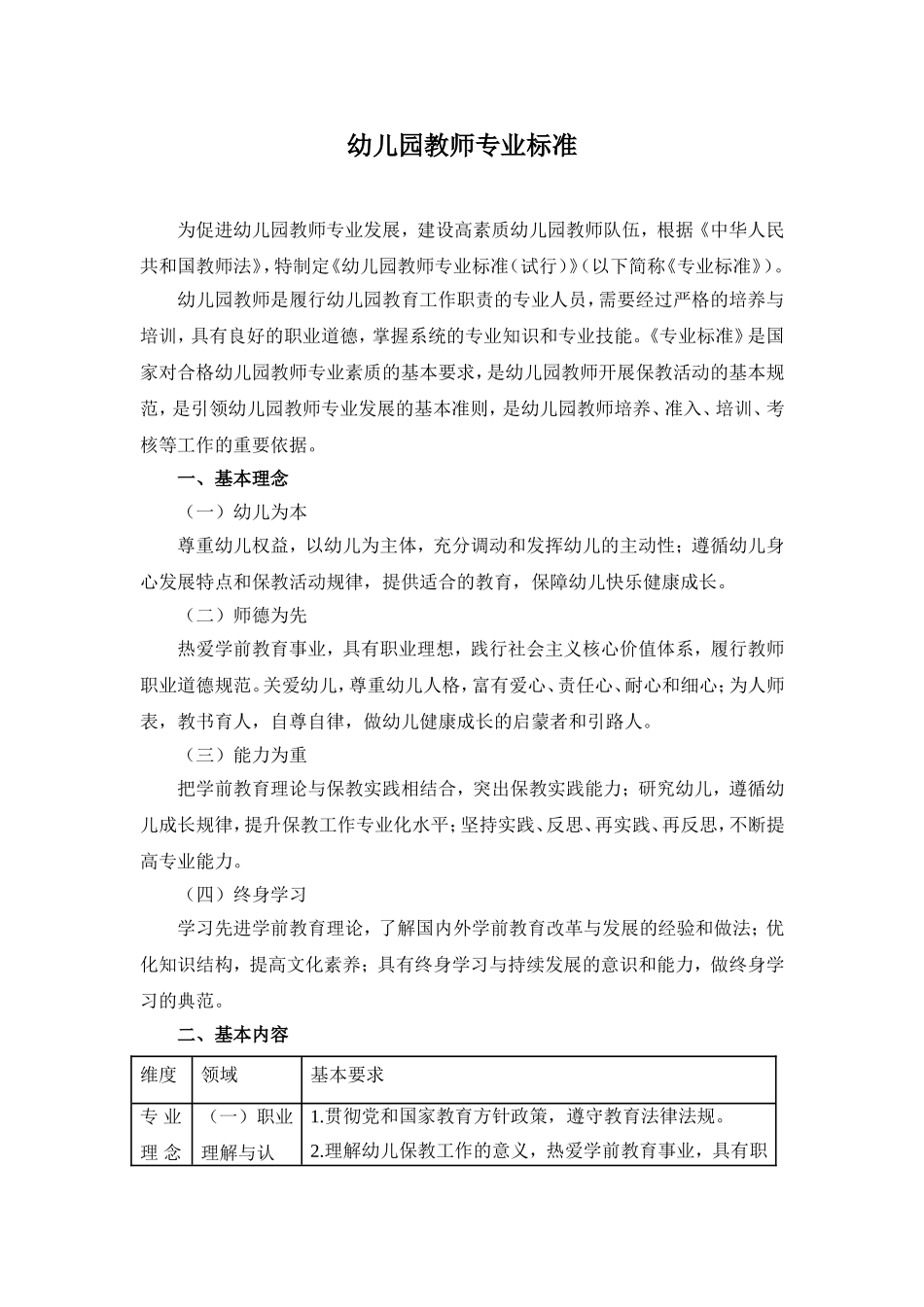 幼儿园教师专业标准_第1页