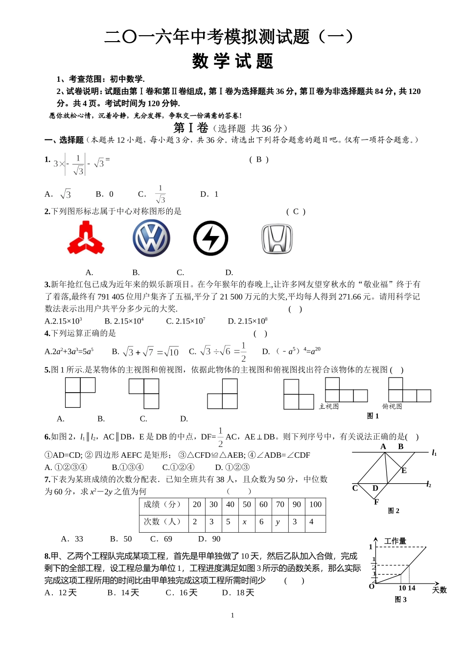 2016年中考模拟测试题--数学试题_第1页