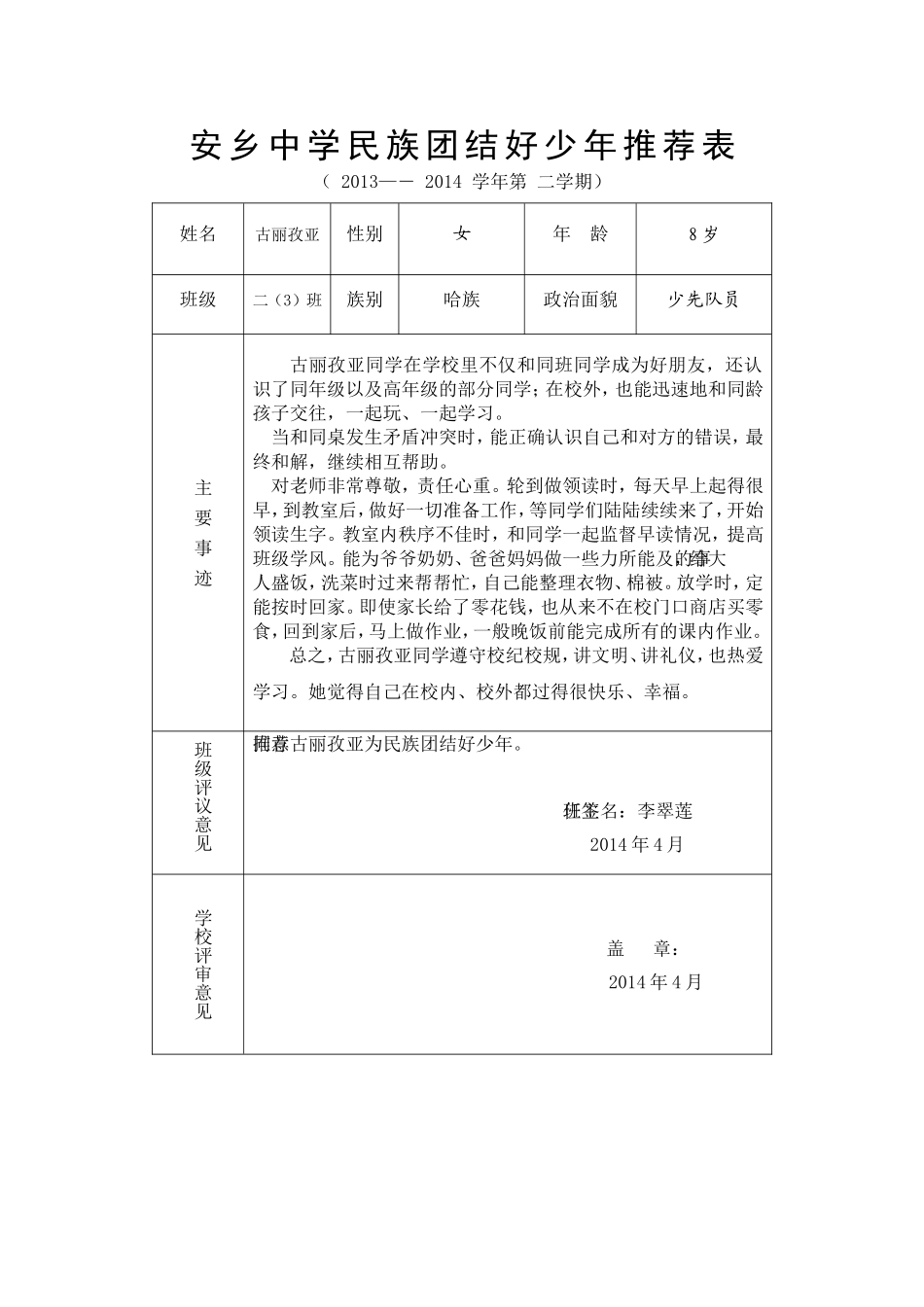 安乡中学民族团结好少年推荐表4月份_第1页