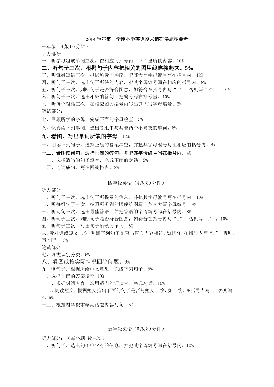 2014学年第一学期小学3-6年级英语期末调研卷题型参考_第1页