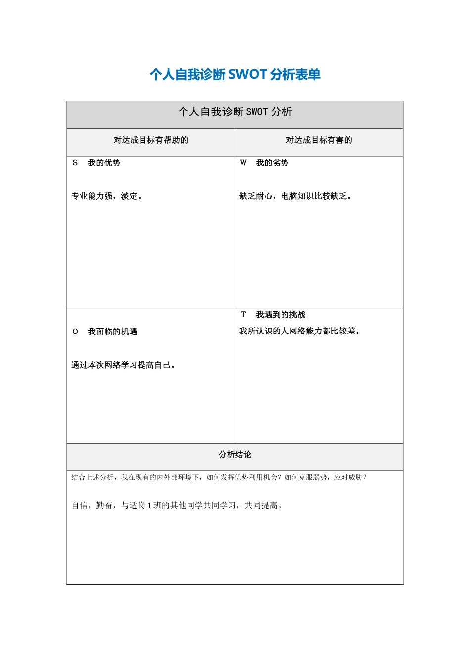 第一步骤所需文档：个人自我诊断SWOT分析表[1]_第1页