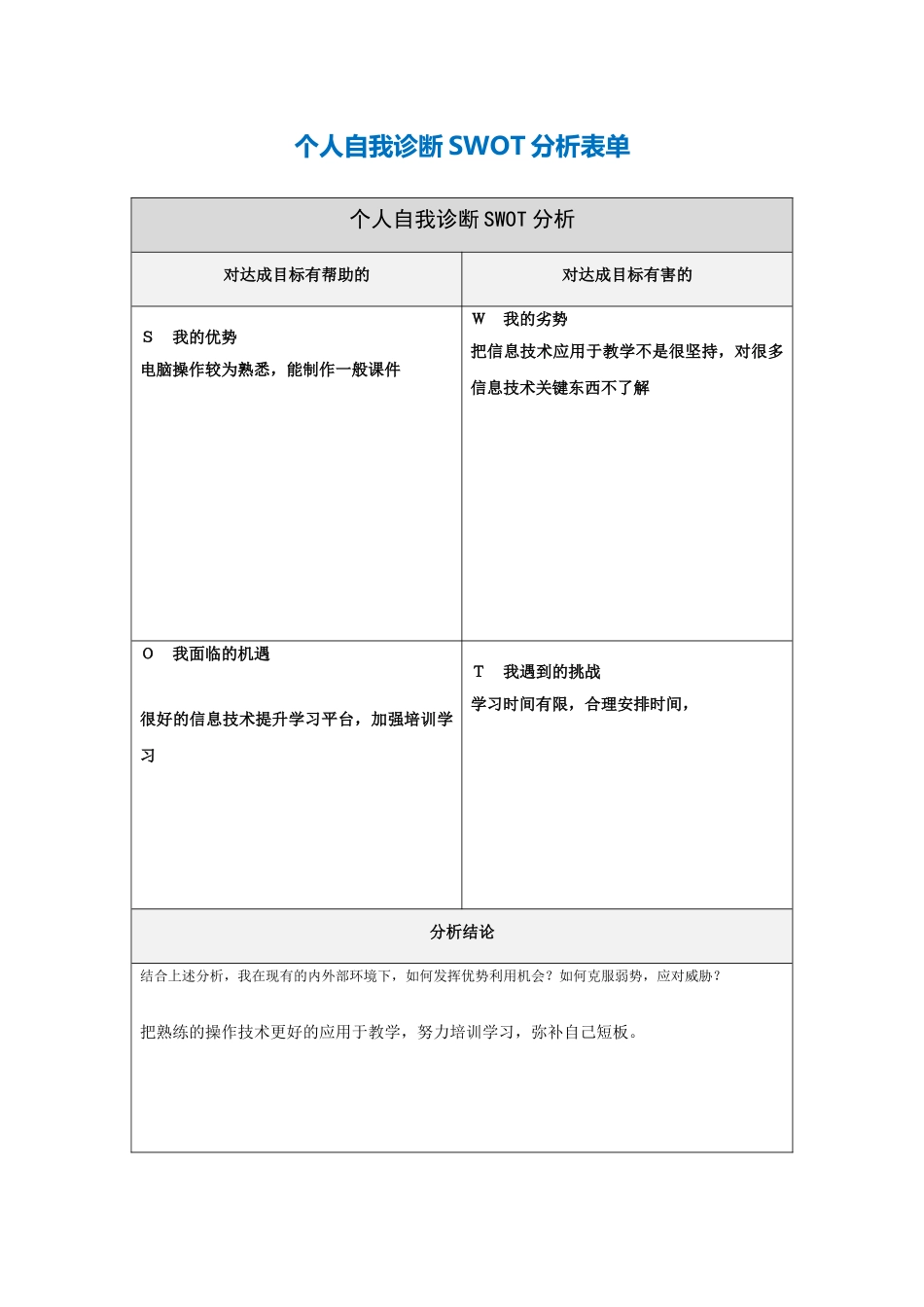 第一步骤所需文档：个人自我诊断SWOT分析表_第1页