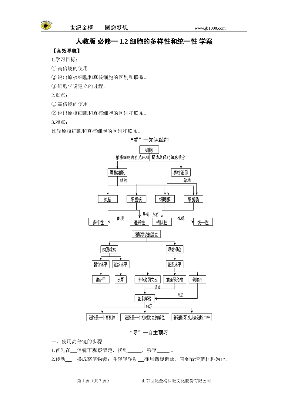 【精品】人教版必修一1.2细胞的多样性和统一性学案_第1页