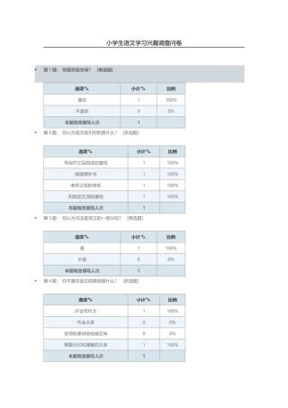 小学生语文学习兴趣调查问卷