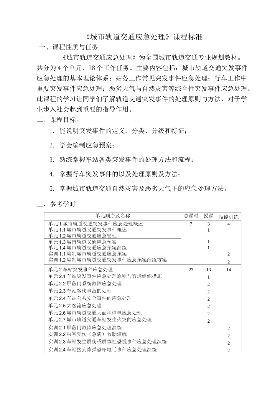 《城市轨道交通应急处理》课程标准_第1页