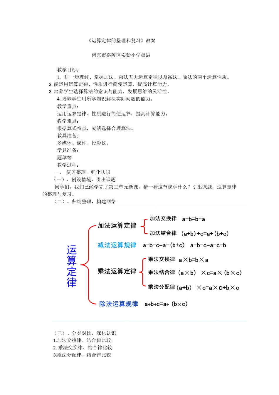 人教2011版小学数学四年级《运算定律的整理和复习》_第1页