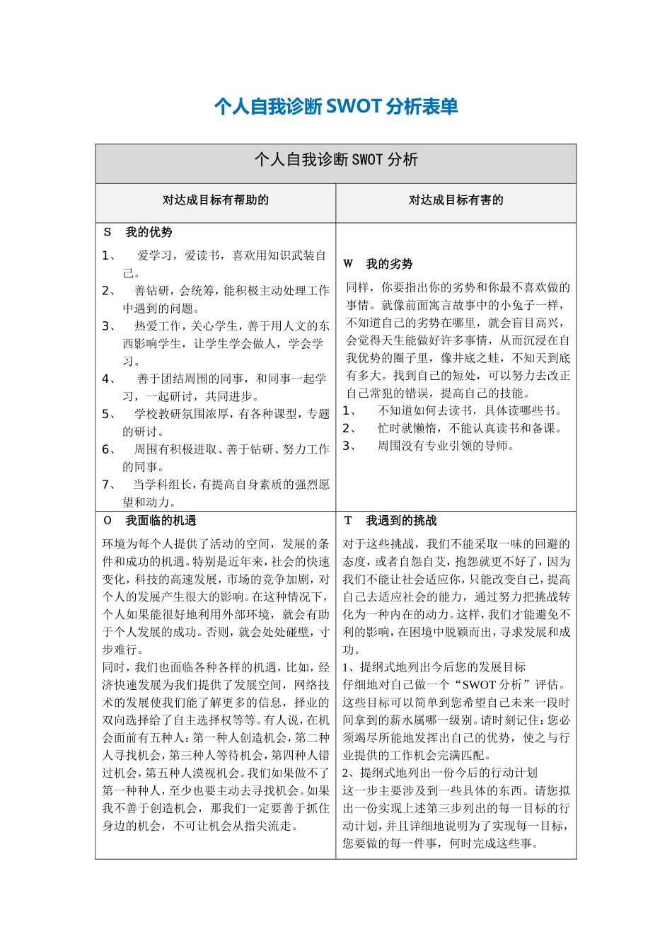兵团四师二中林成吉个人自我诊断SWOT分析表_第1页