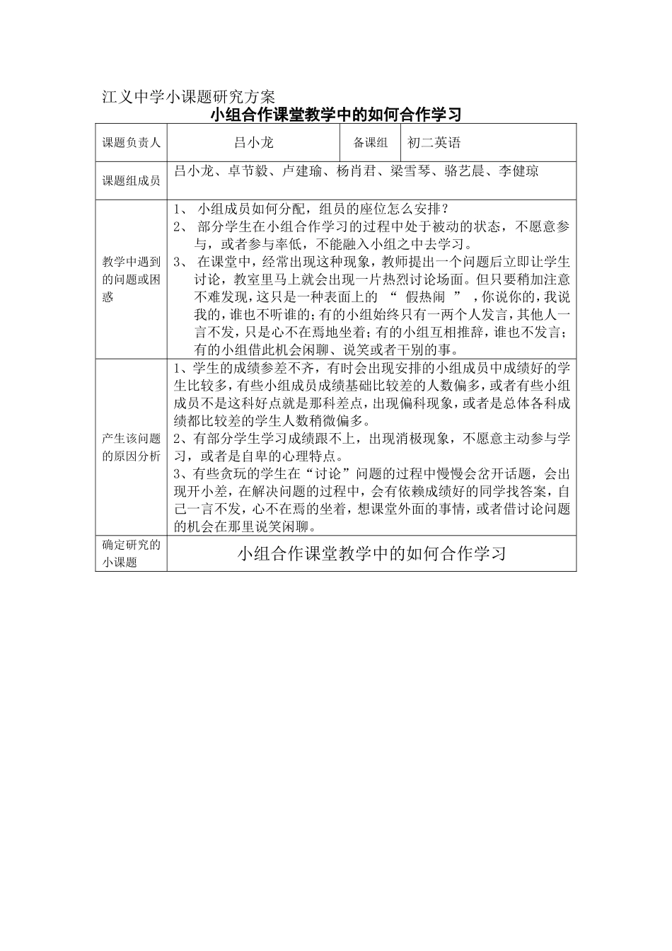 初二英语小课题研究方案_第1页