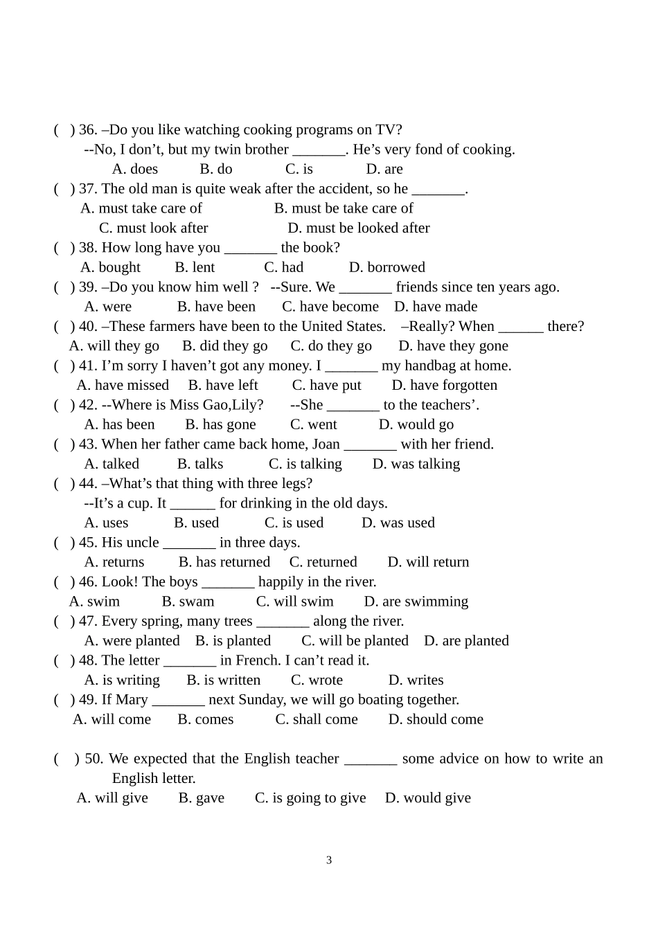 (谭丽英)2012秋季学期九年级时态与语态专项练习_第3页