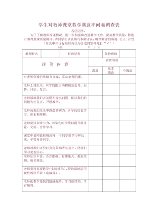 学生对教师课堂教学满意率问卷调查表
