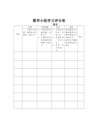 数学小组学习评分表