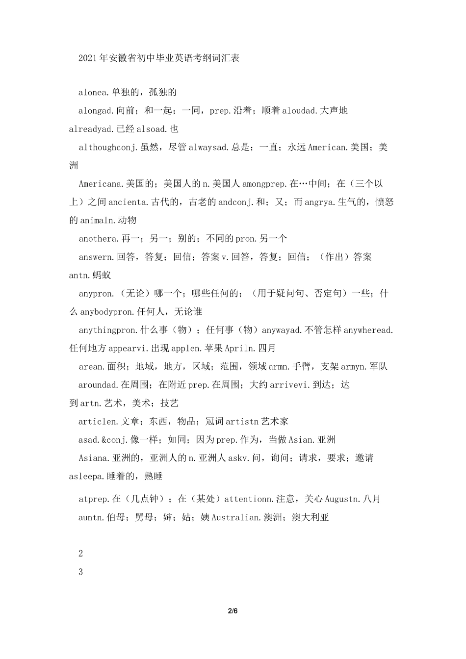 2021年安徽省初中毕业英语考纲词汇表_第2页