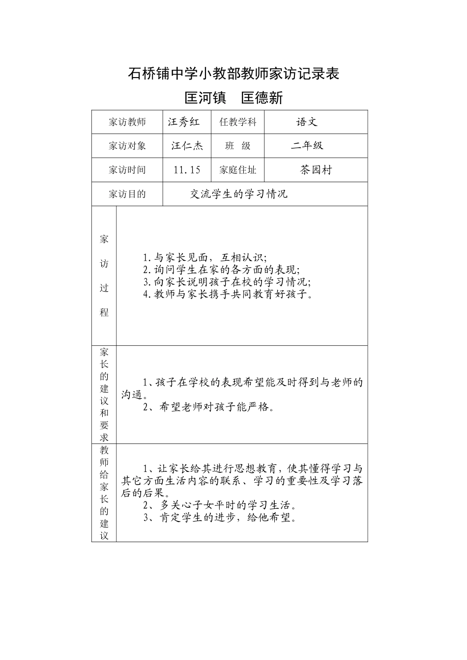 石桥铺中学小教部教师家访记录表_第1页