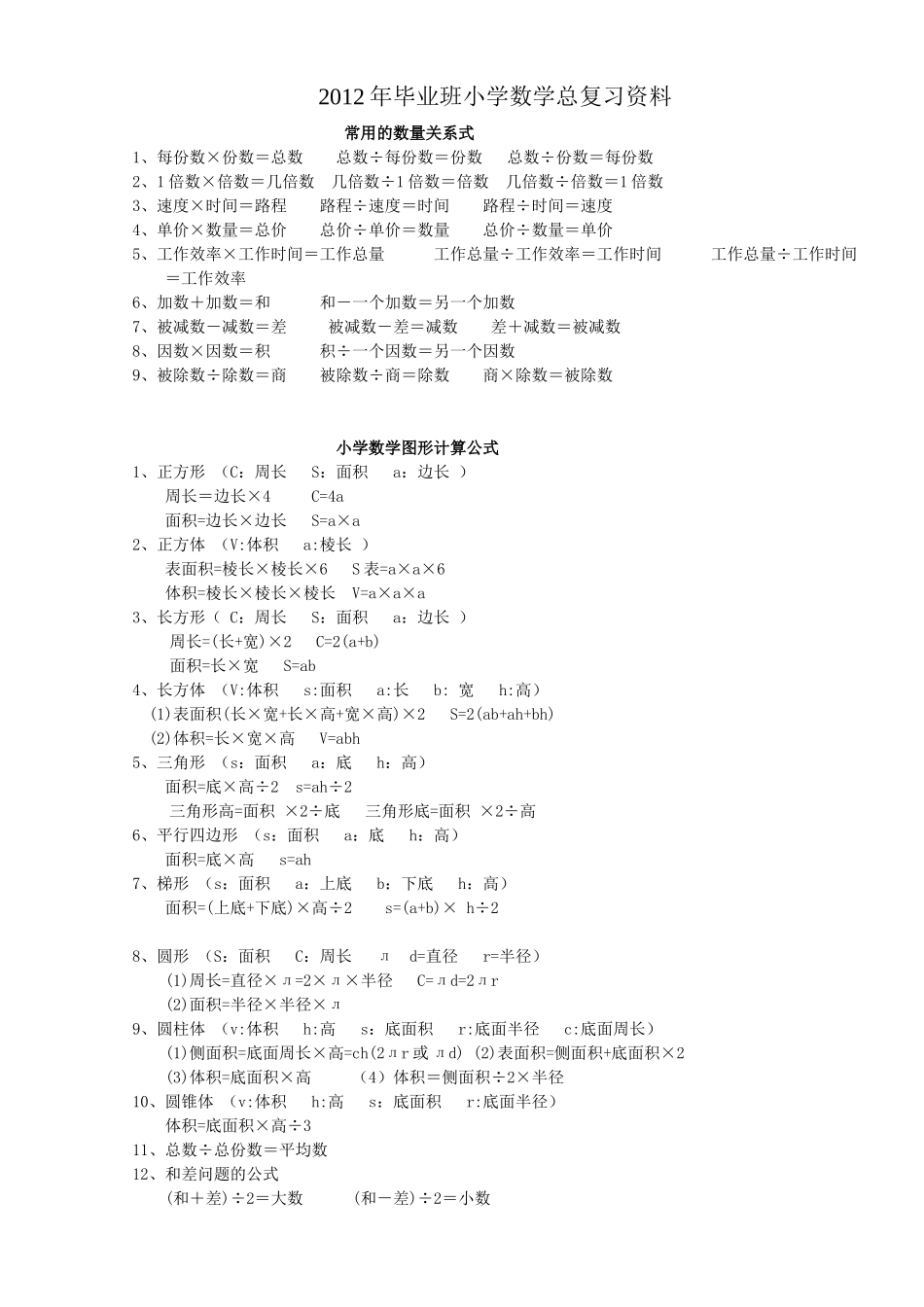 2012年小学毕业班数学复习资料_第1页