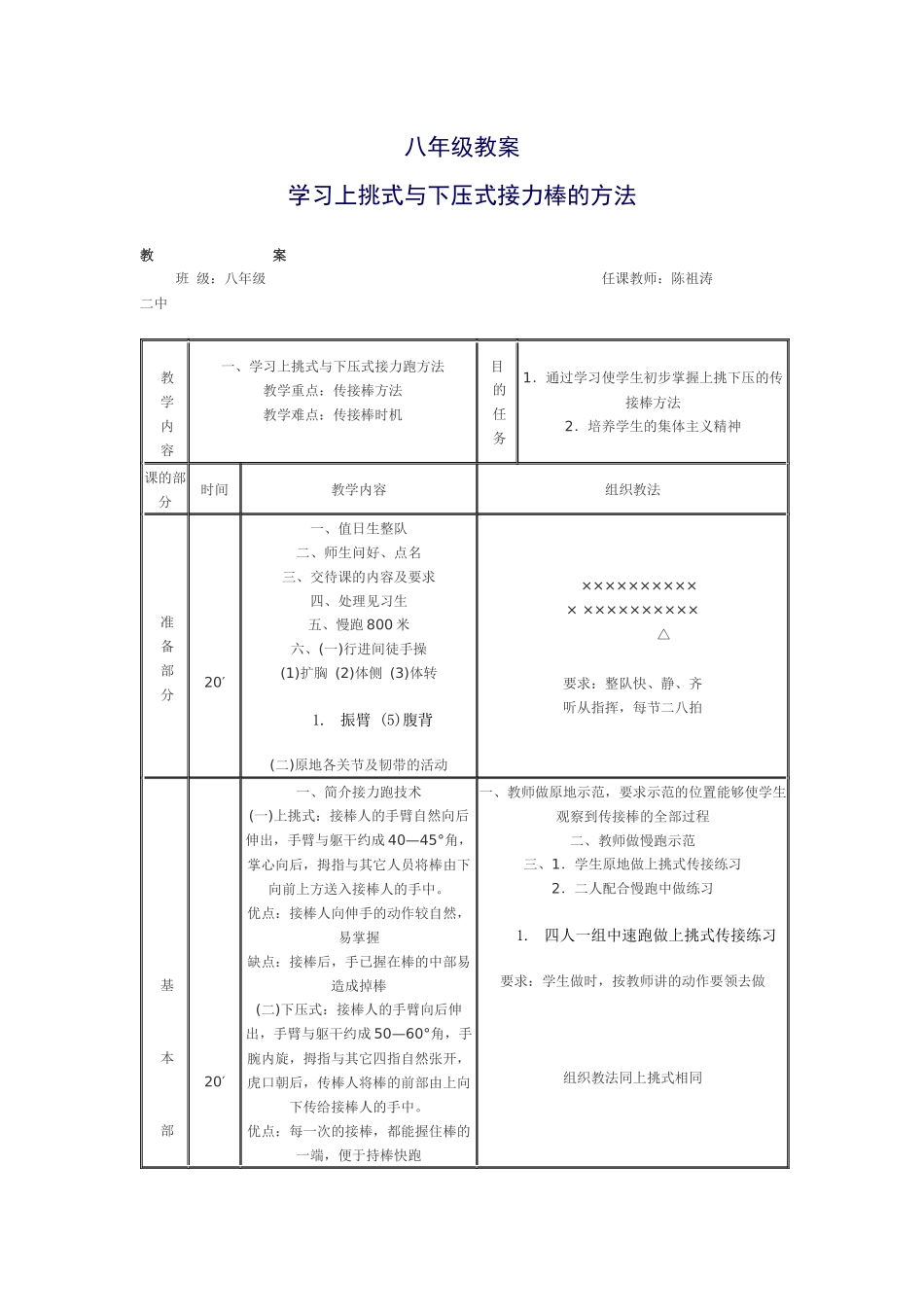 八年级教案学习上挑式与下压式接力跑技术_第1页