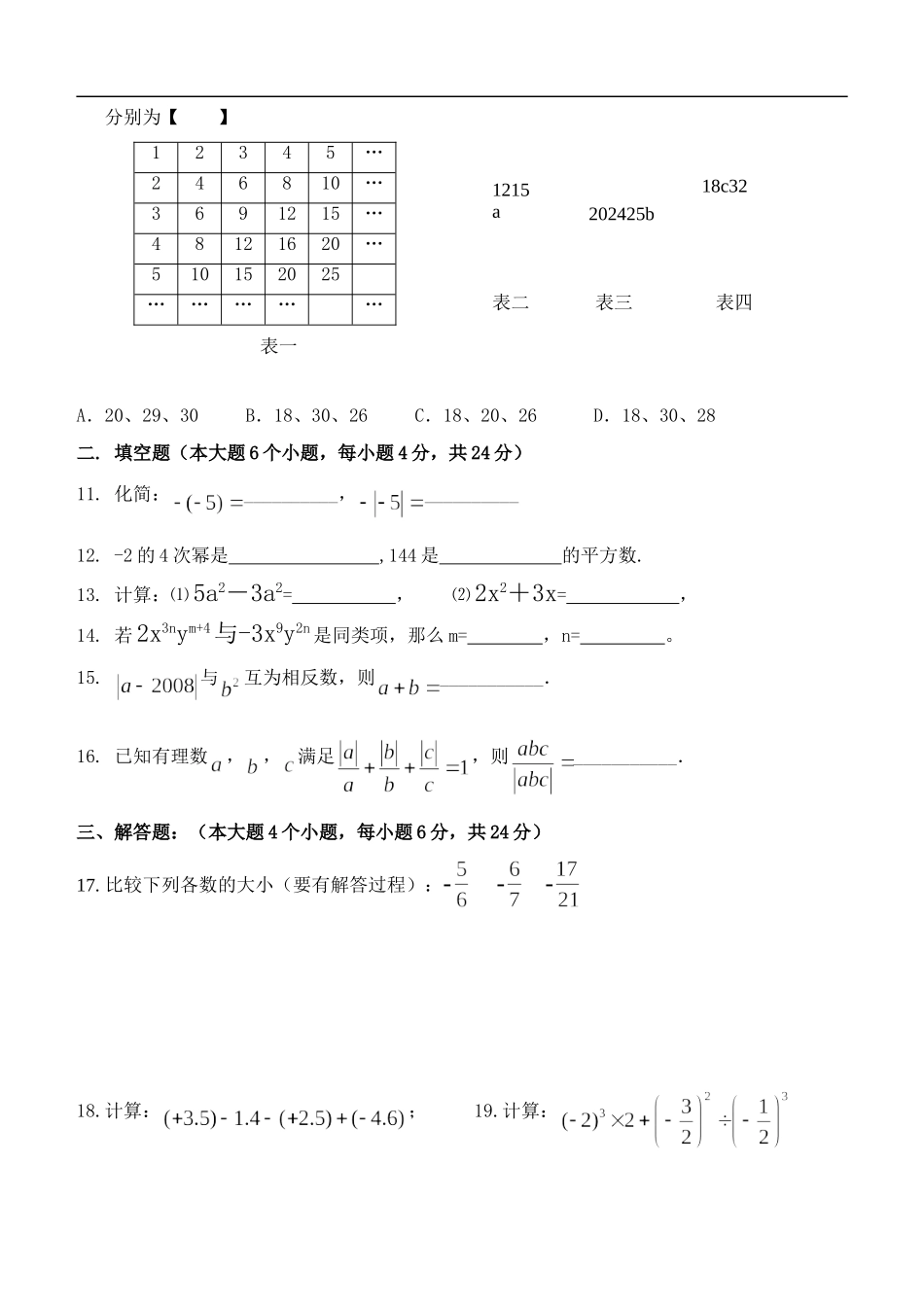 2015级初一上期半期数学模拟试题_第2页