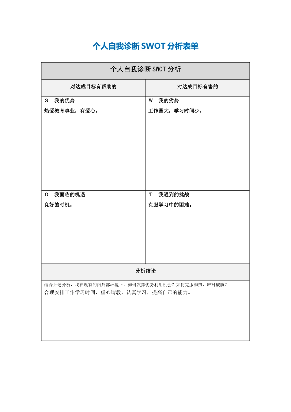 刘海：个人自我诊断SWOT分析表_第1页