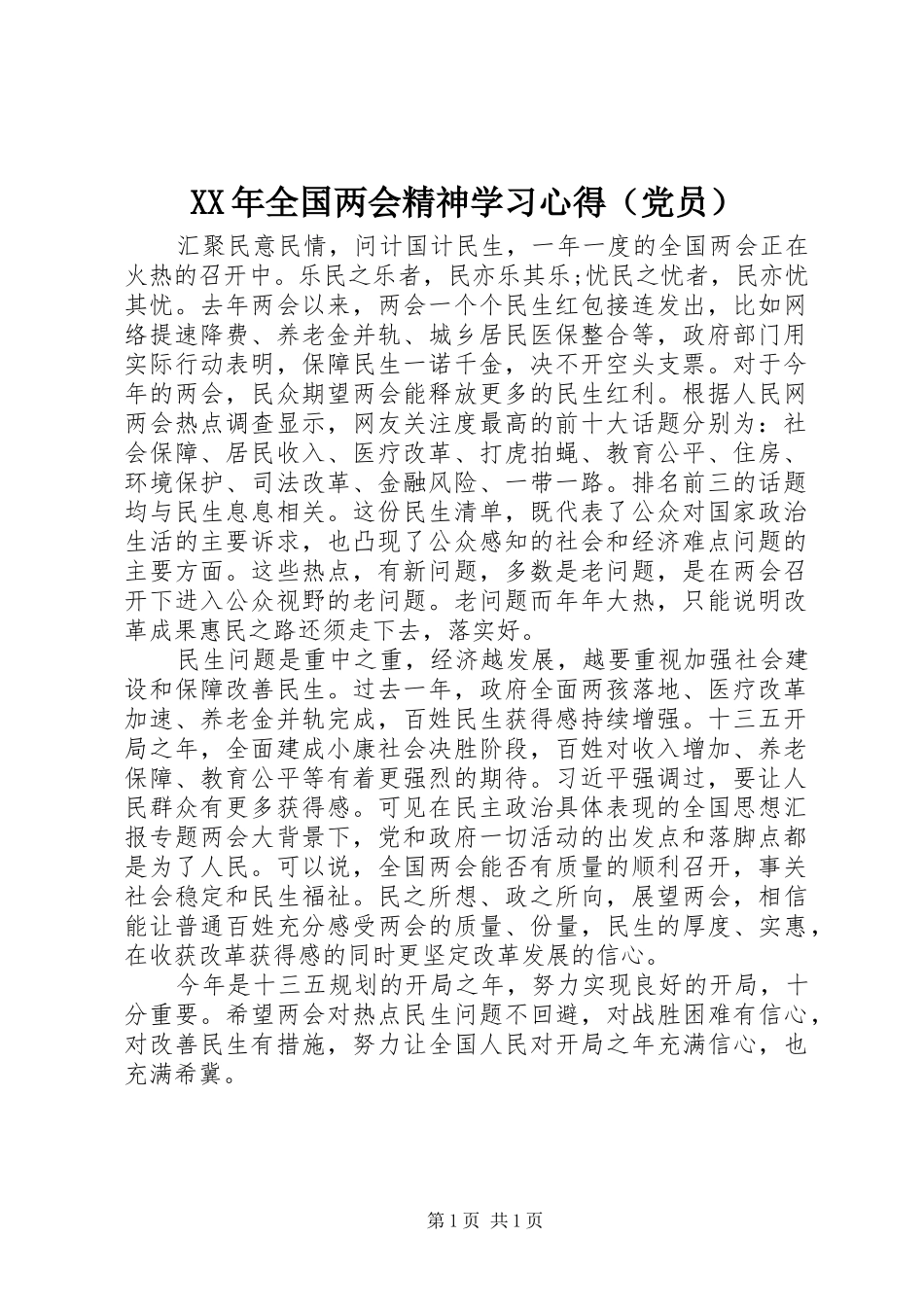 XX年全国两会精神学习心得（党员）_第1页