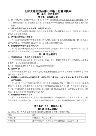 北师大版思想品德七年级上册知识点复习提纲(修改)