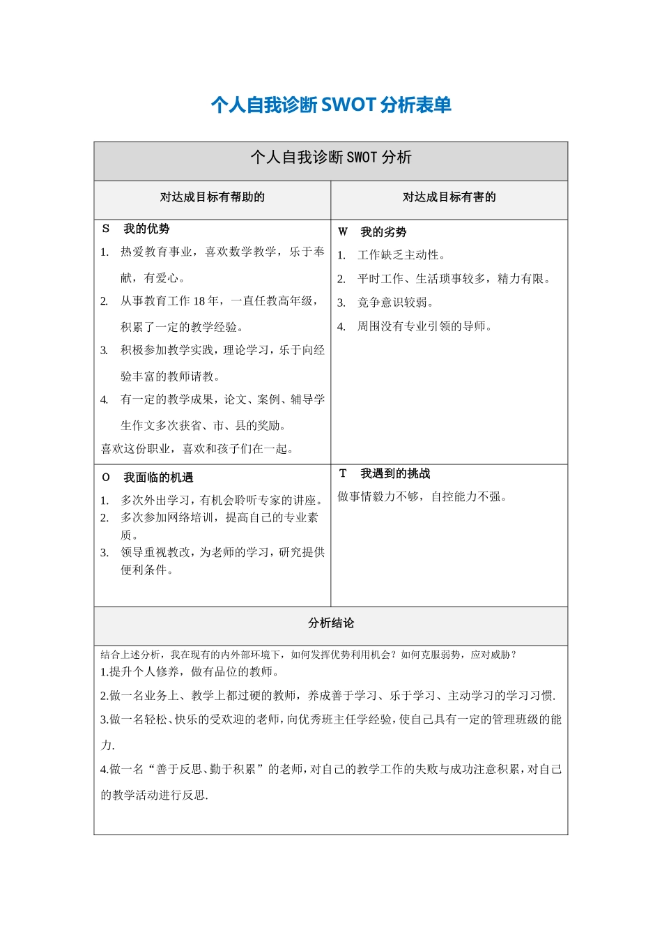 个人自我诊断SWOT分析表_第1页