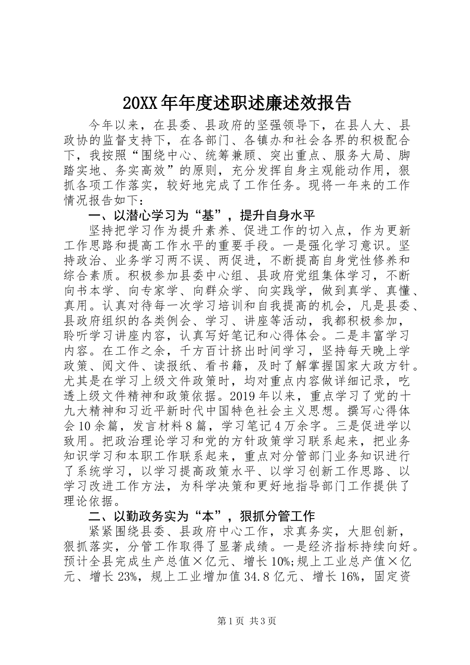 20XX年年度述职述廉述效报告_第1页