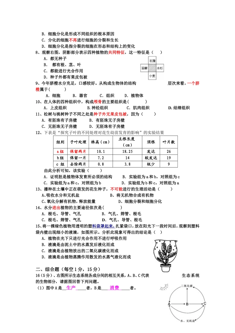 会昌县2014年秋九年级生物期中试卷_第2页