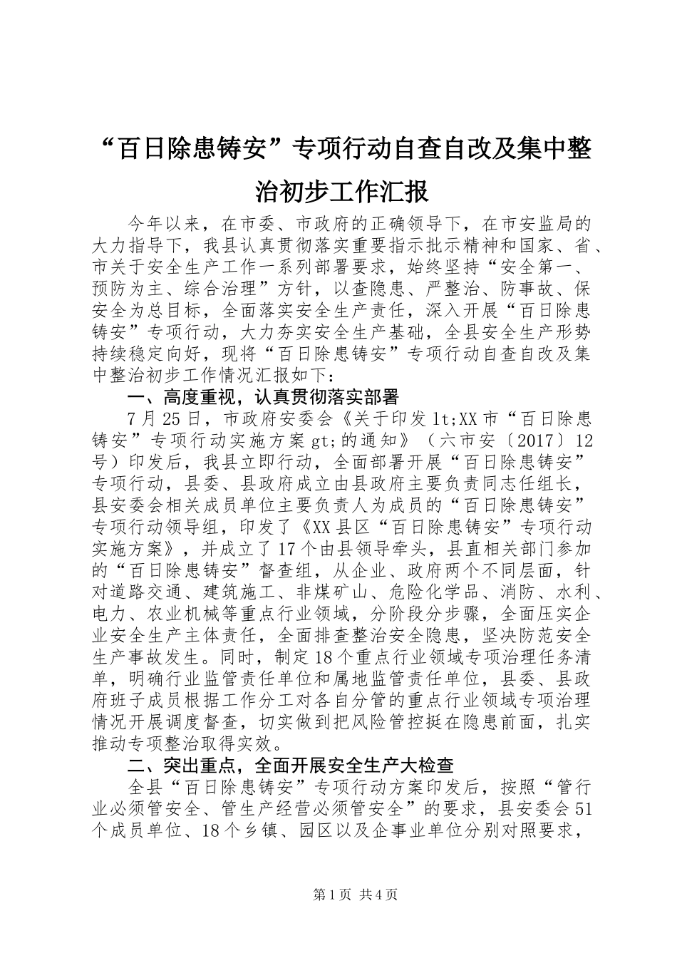 “百日除患铸安”专项行动自查自改及集中整治初步工作汇报_第1页