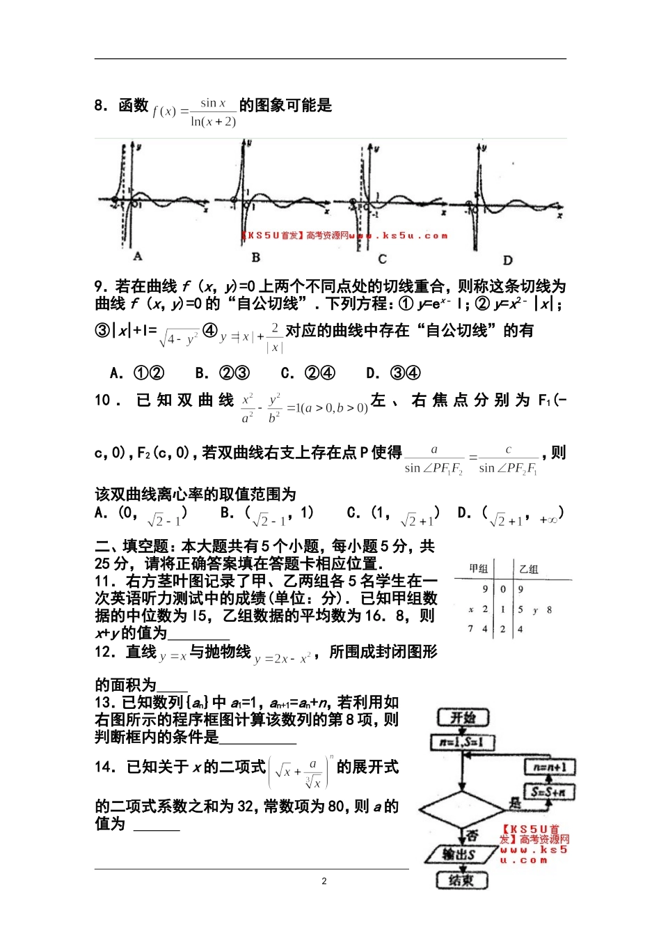 2014届山东省烟台市高三5月适应性测试(一)理科数学试卷及答案_第2页