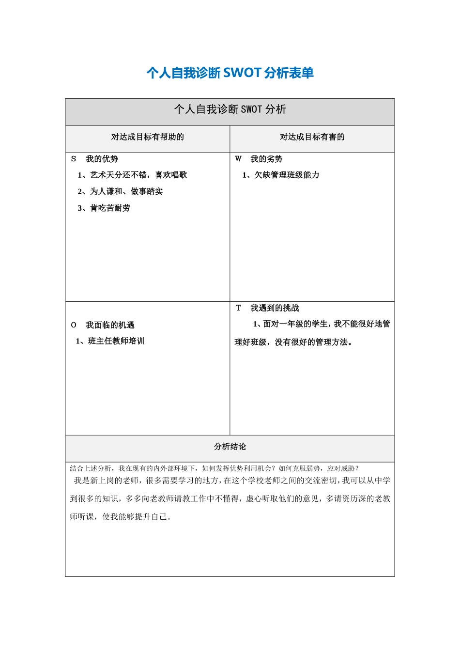 第一步骤所需文档：个人自我诊断SWOT分析表-(4)_第1页