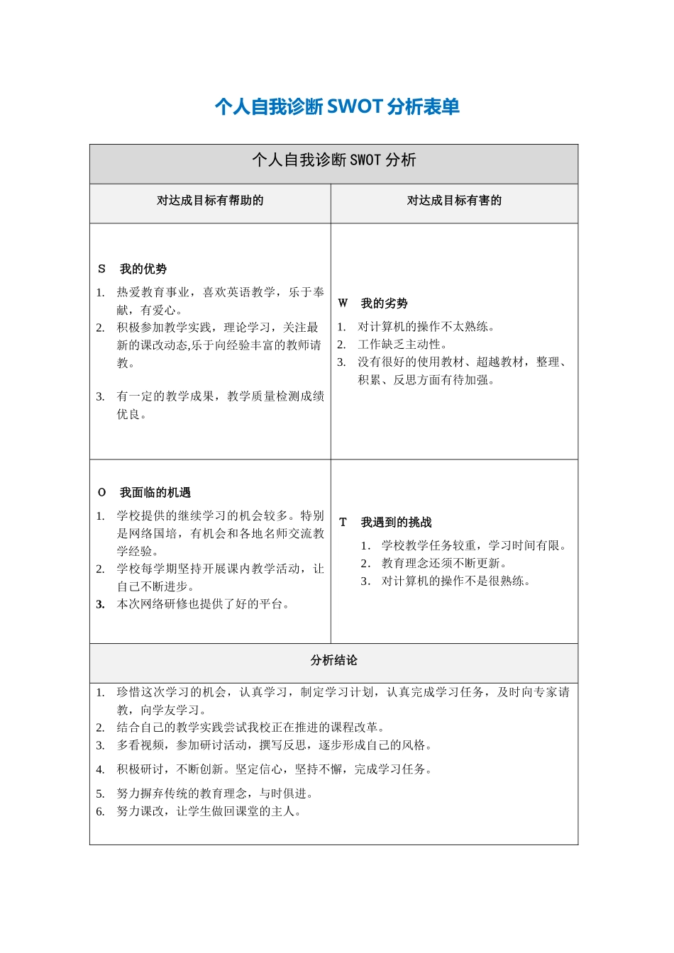 第一步骤所需文档：李纷自我诊断SWOT分析表_第1页