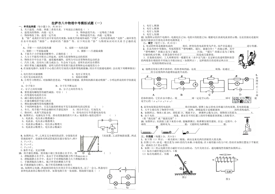 拉萨市八中物理中考模拟试题(一)_第1页