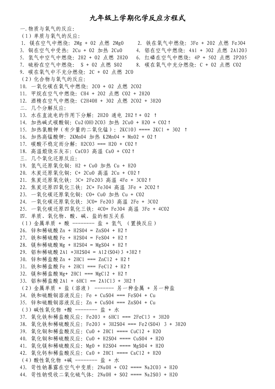九年级上学期化学反应方程式_第1页