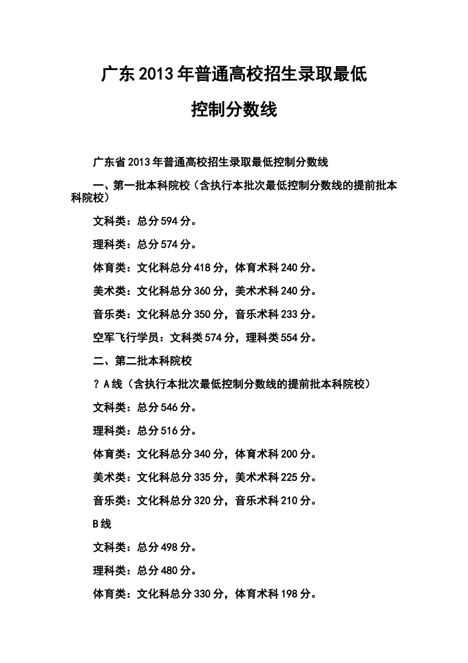 2013年广东普通高校招生录取最低控制分数线_第1页