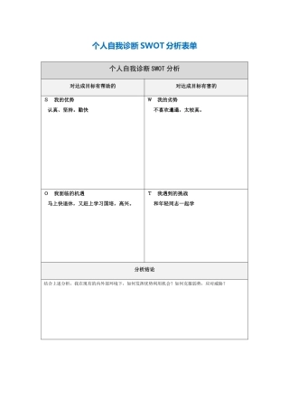 樊安利个人自我诊断SWOT分析表