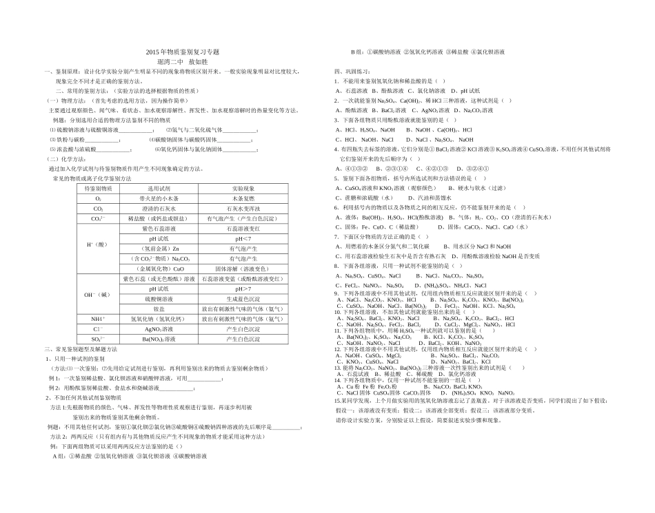 2015年物质鉴别专题训练_第1页