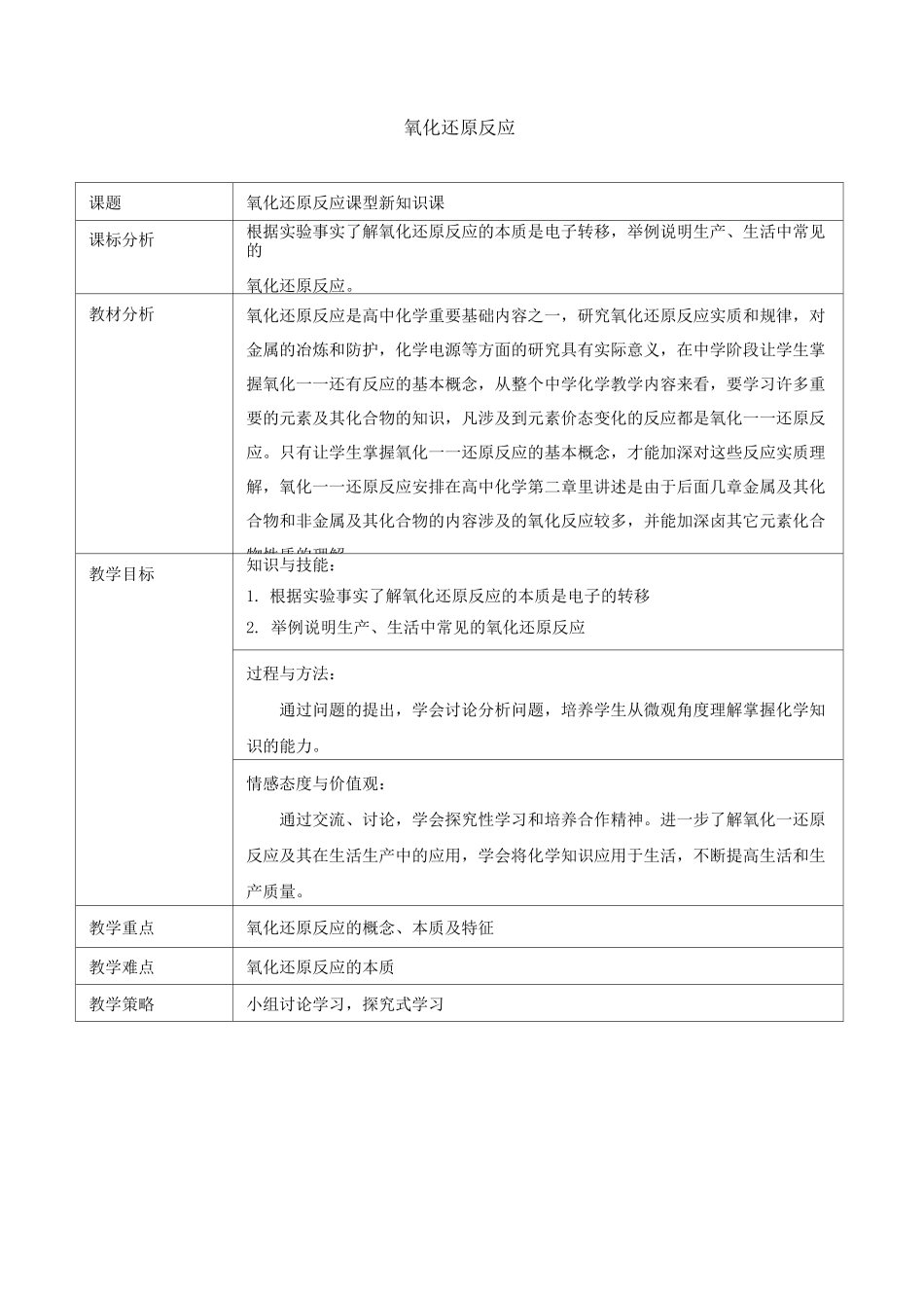 氧化还原反应_教案_第1页
