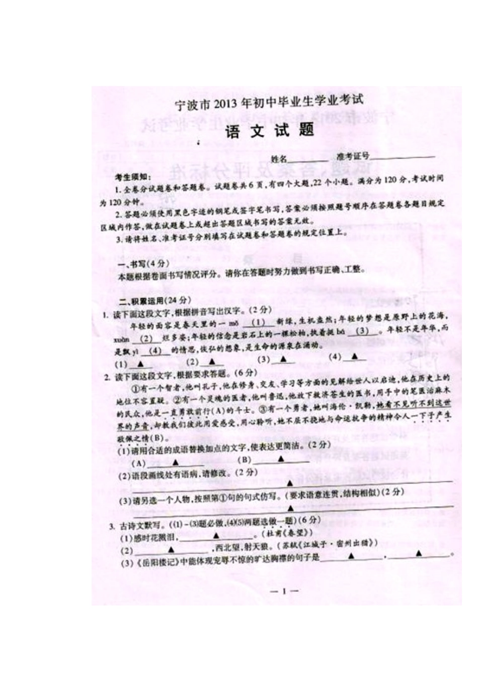 2013年宁波市中考语文真题及答案_第1页