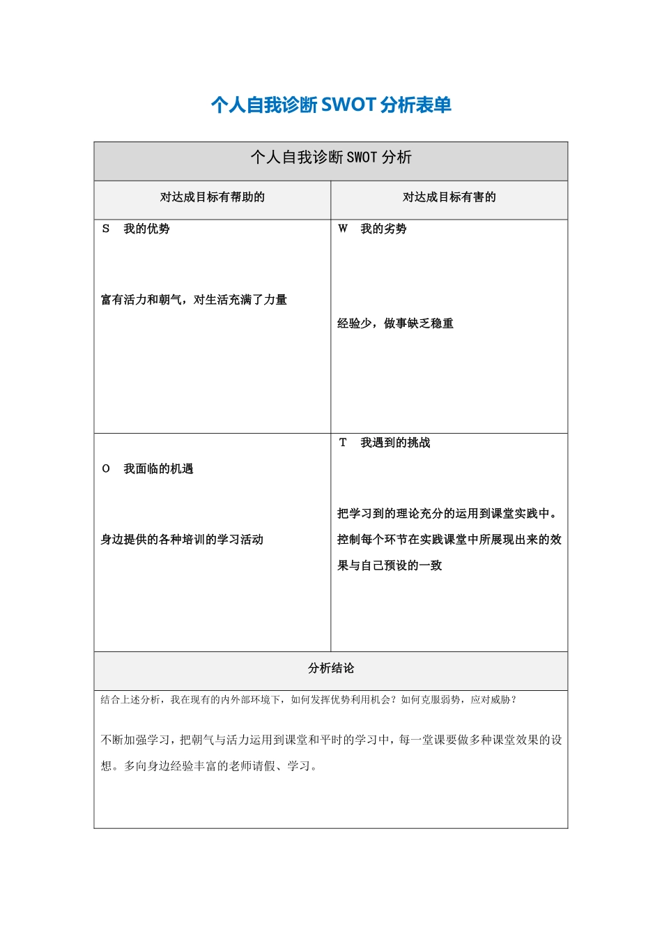 个人自我诊断SWOT分析表单_第1页