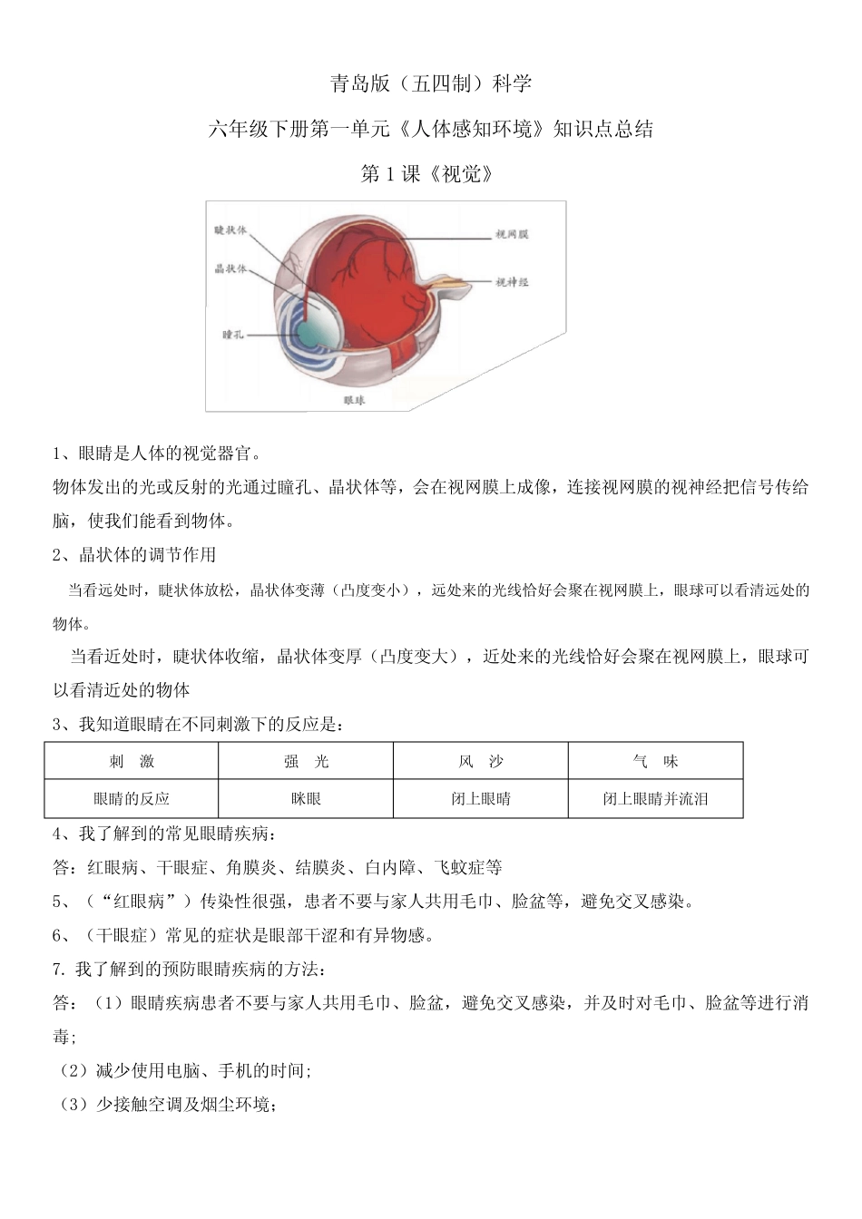 新青岛版六年级下册科学第一单元知识点总结 _第1页