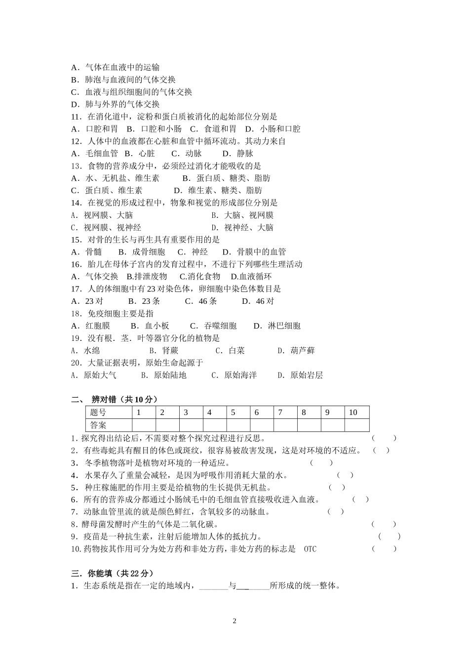 外国语学校2009年生物模拟考试试卷3_第2页
