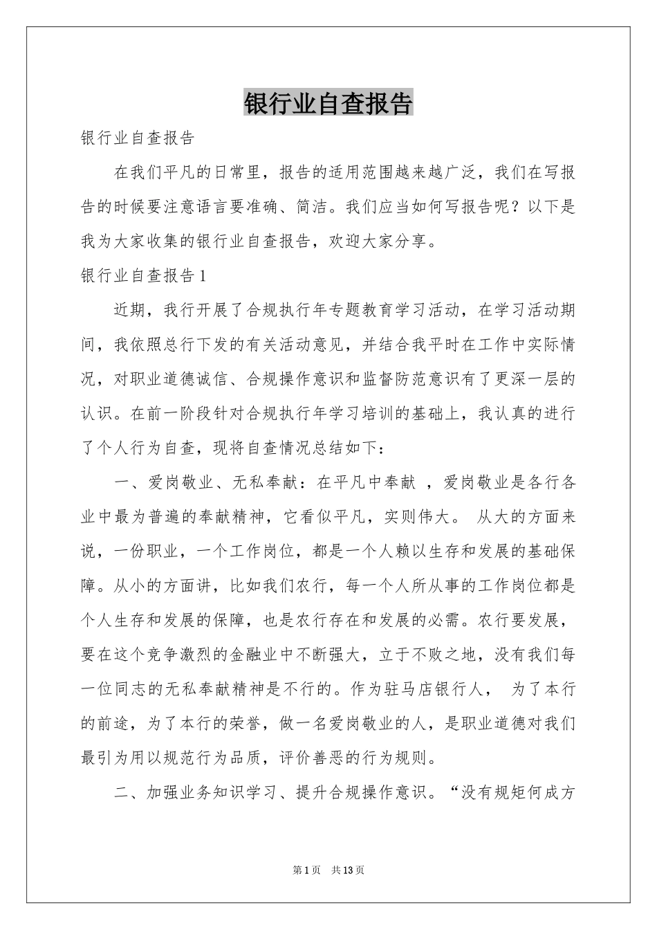 银行业自查报告_第1页