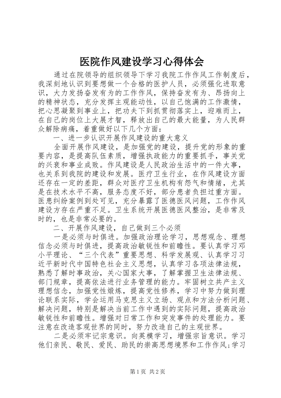 医院作风建设学习心得体会_第1页