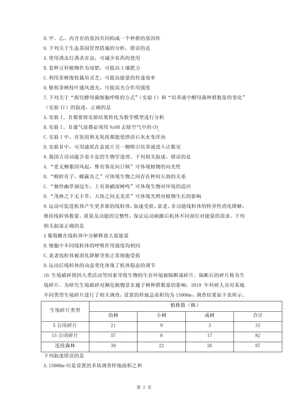 2021年6月福建高考生物真题(含答案) _第2页
