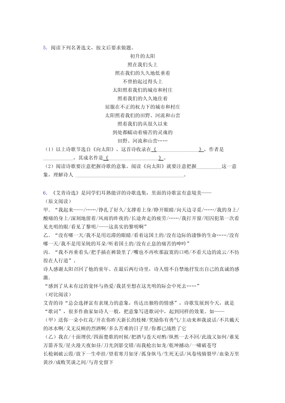 九年级语文艾青诗选名著阅读 易错题练习含答案 _第2页