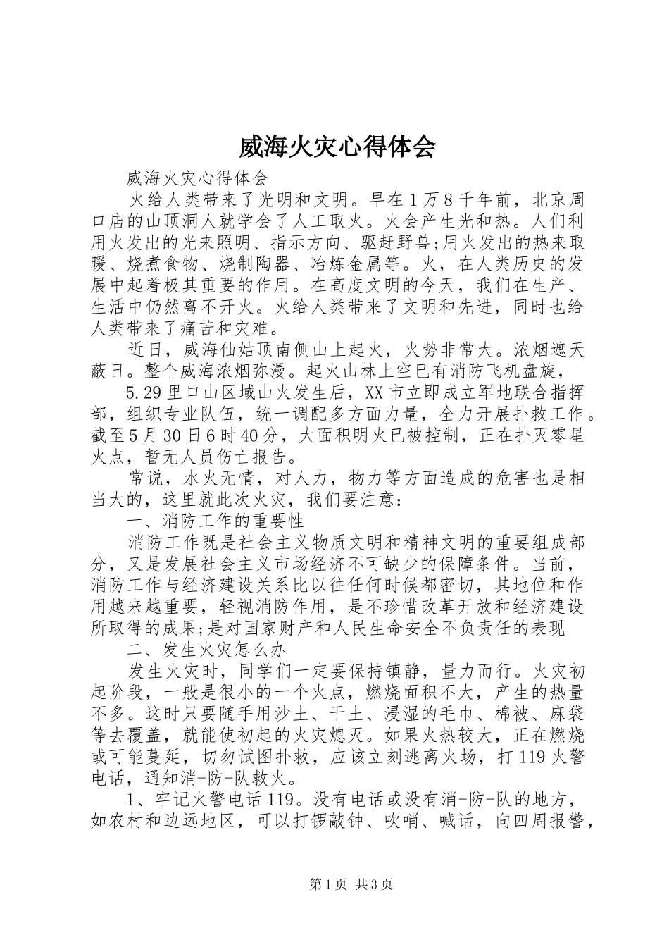 威海火灾心得体会_第1页
