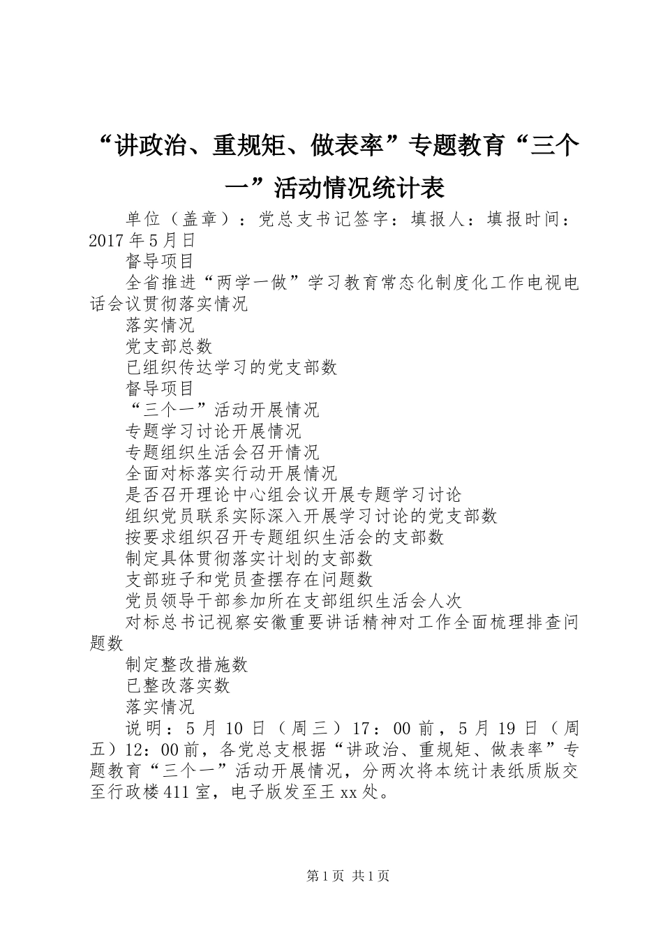 “讲政治、重规矩、做表率”专题教育“三个一”活动情况统计表_第1页