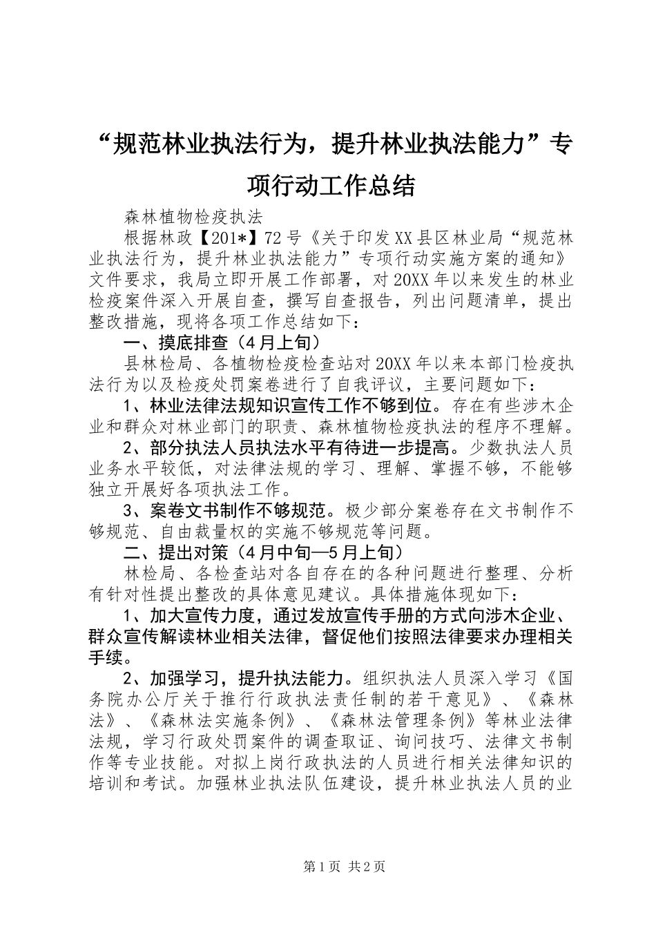 “规范林业执法行为，提升林业执法能力”专项行动工作总结_第1页