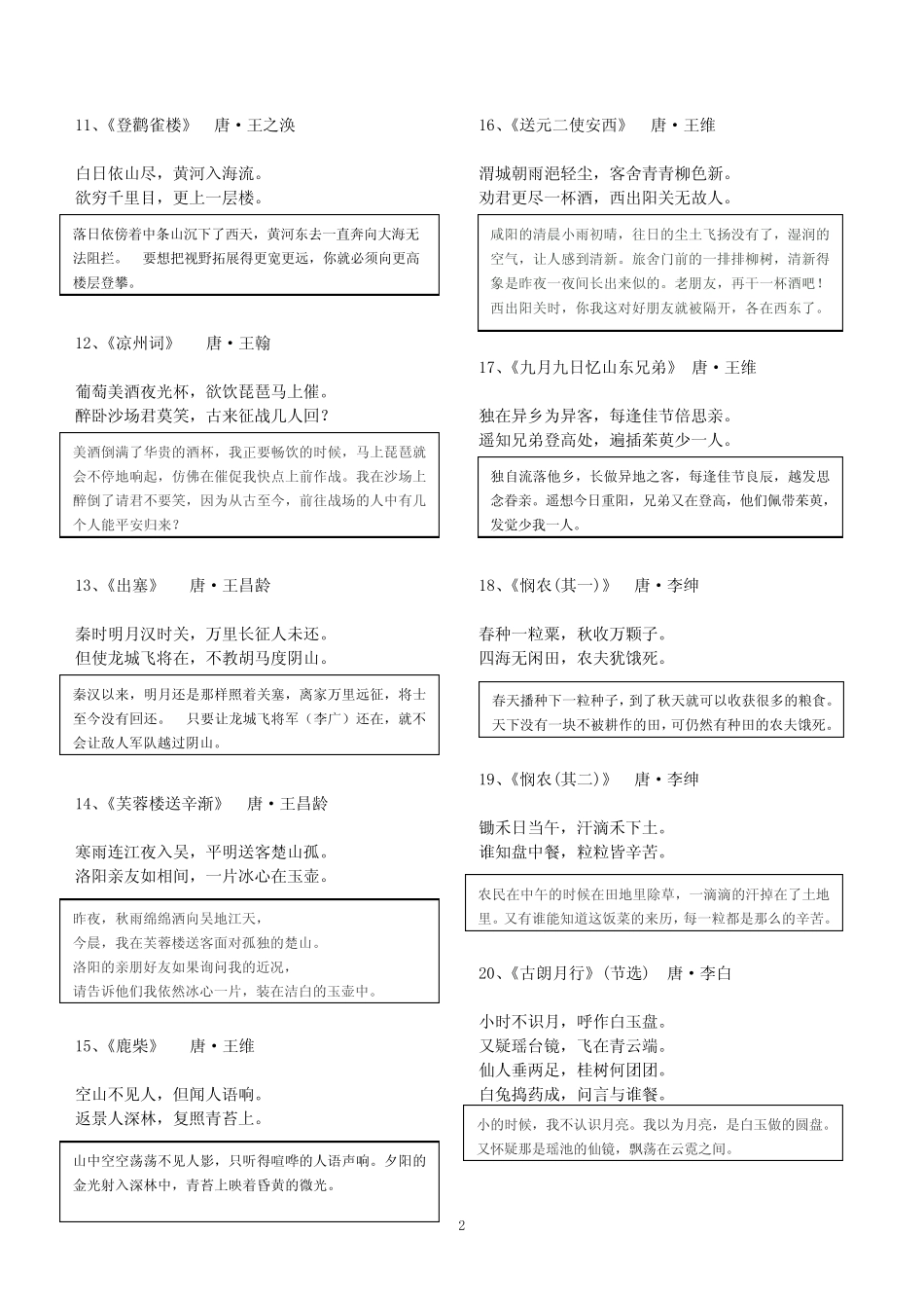 小升初语文必背150首古诗及古诗大意译文汇总 _第2页