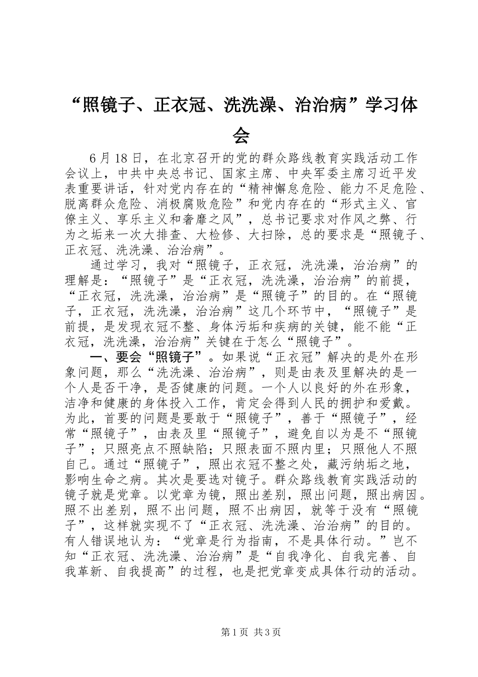 “照镜子、正衣冠、洗洗澡、治治病”学习体会_第1页