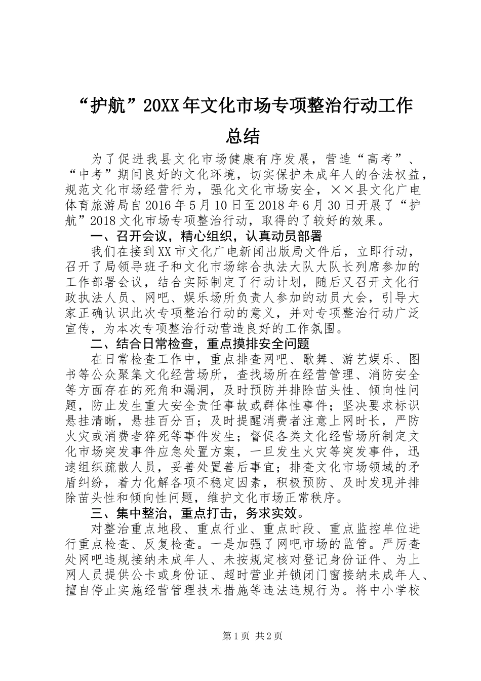 “护航”20XX年文化市场专项整治行动工作总结_第1页